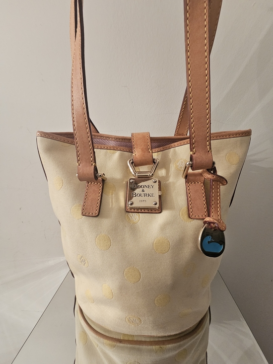 Dooney & Bourke Handbags - Dooney & Bourke Cream Polka Dot Canvas Tote with Leather Trim